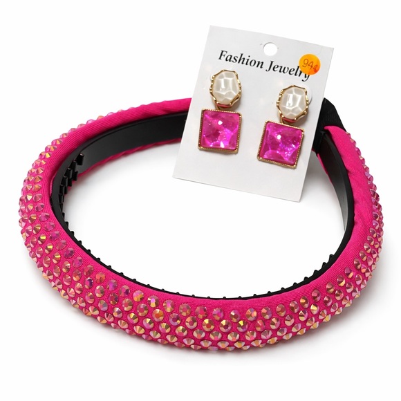 Pink Rhinestone Headband and Earring Set - Picture 1 of 9